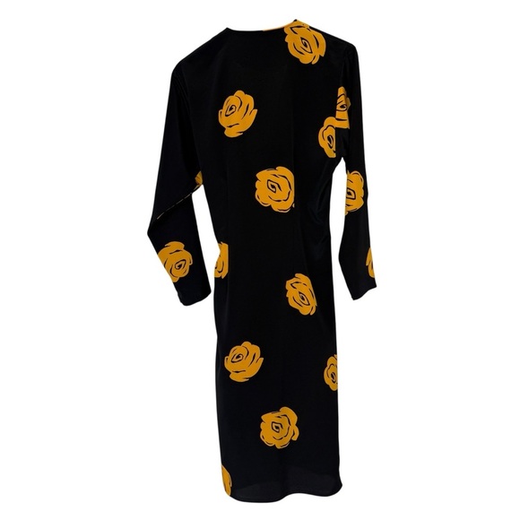 VINTAGE! 80’s-90’s Y2K VIRGO II Wrap Midi Dress M Black Yellow Floral Retro - Picture 7 of 8